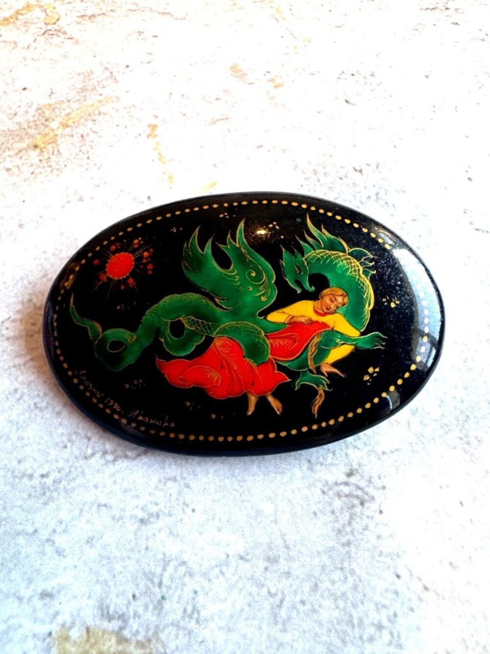 Hand-Painted Russian Lacquer Pin Brooch Dragon & Woman Signed Oval Black Vtg